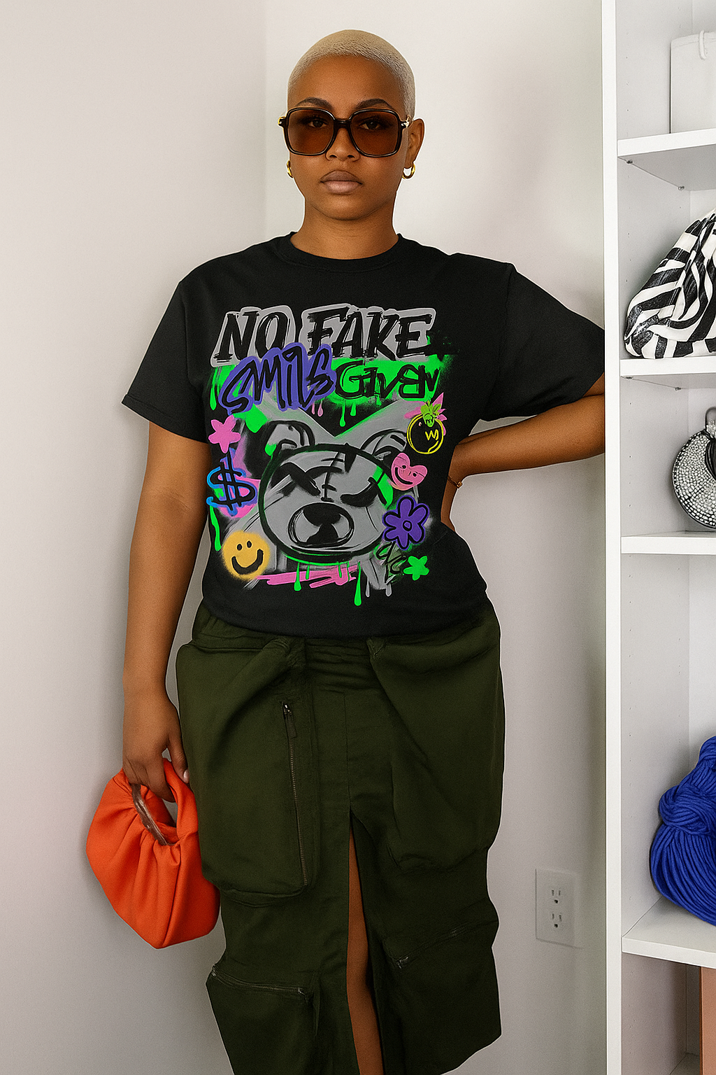 Graffiti-Style Unisex T-Shirt with 'No Fake Smile Given' Design, Urban Fashion Tee, Streetwear, Artistic Gift for Teens, Casual Wear