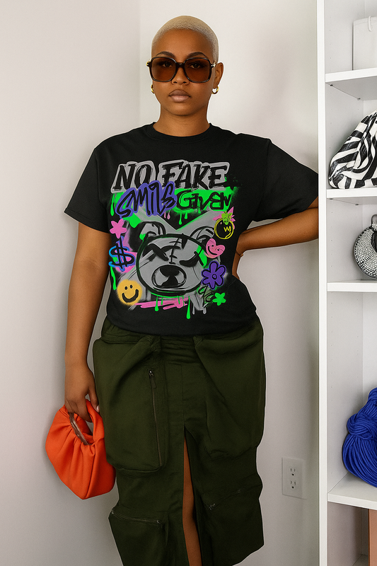 Graffiti-Style Unisex T-Shirt with 'No Fake Smile Given' Design, Urban Fashion Tee, Streetwear, Artistic Gift for Teens, Casual Wear